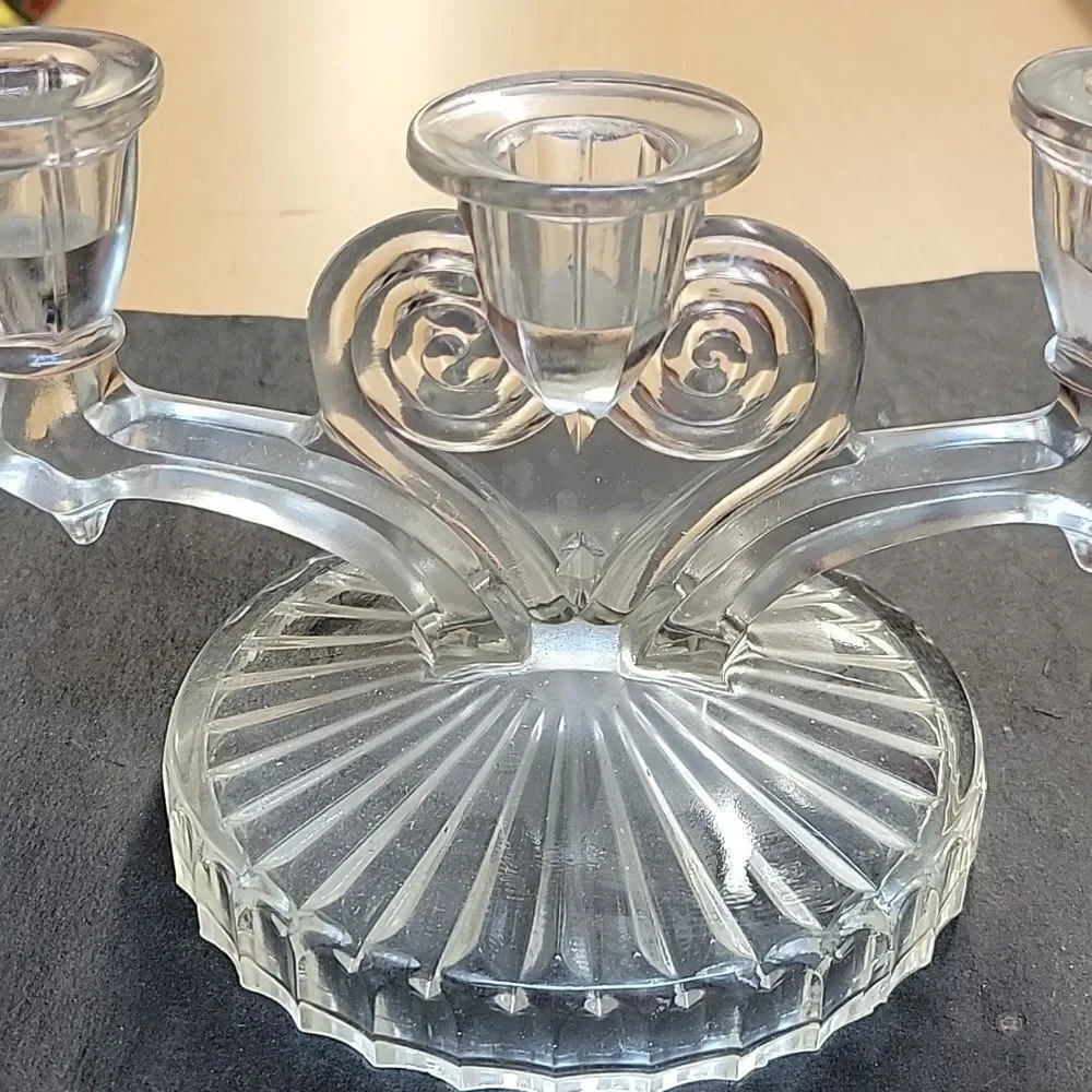 Vintage Jeannette Glass COSMOS Triple Candle Candlestick Clear Glass Candelabras